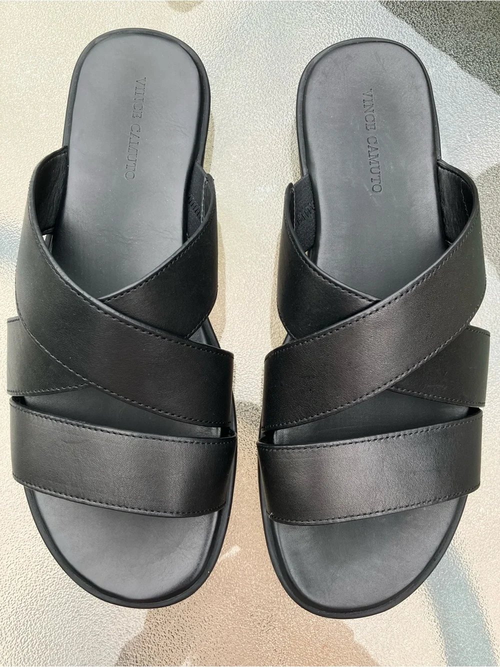 Vince Camuto Black Leather Cross-Strap Men's Slide Sandals